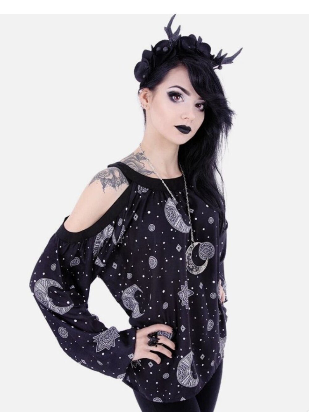 Restyle Moon Hippie Crescent Oversized Cold Shoulders Shirt, Black, XL